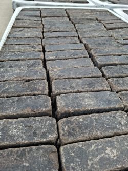 Altgebrannter Pflasterstein im Dickformat, Anthrazit, auf Paletten.